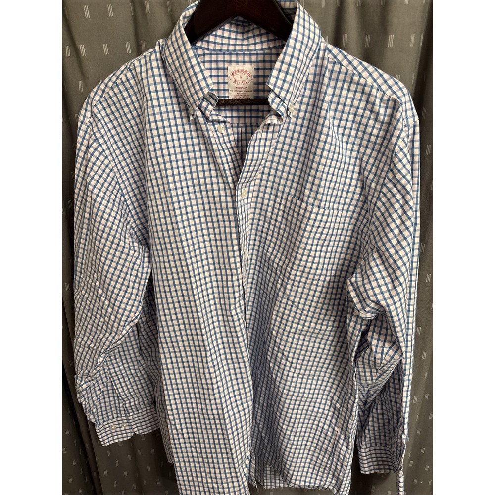 Brooks Brothers Madison Non-Iron Supima Cotton Blue Pink Check Shirt Mens M